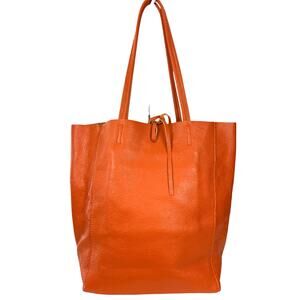 Italian Made Orange Pebbled Leather Tote Bag Large Shopper Genuine Leather